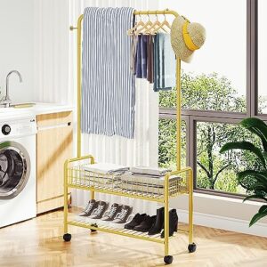 JIUYOTREE Rolling Clothes Rack with Storage Basket 35.4 Inches Freestanding Metal Clothing Rack with 2-Tier Storage Racks Garment Coat Rack with Wheels for Clothes Shoes Hats Bags Golden