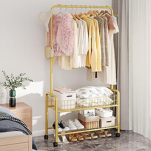 JIUYOTREE Rolling Clothes Rack with Storage Basket 35.4 Inches Freestanding Metal Clothing Rack with 2-Tier Storage Racks Garment Coat Rack with Wheels for Clothes Shoes Hats Bags Golden