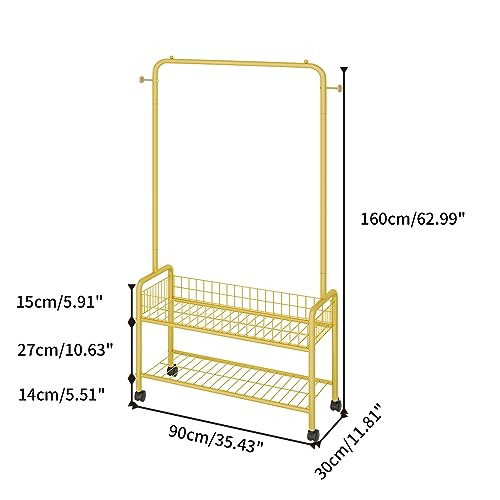 JIUYOTREE Rolling Clothes Rack with Storage Basket 35.4 Inches Freestanding Metal Clothing Rack with 2-Tier Storage Racks Garment Coat Rack with Wheels for Clothes Shoes Hats Bags Golden