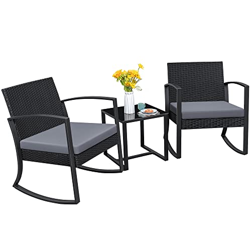 Homall 3 Pieces Patio Set Rocking Bistro Set, Patio Outdoor Furniture Porch Chairs with Cushions and Table for Poolside, Balcony, Porch and Yard (Grey)