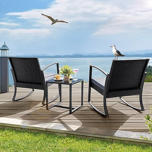 Homall 3 Pieces Patio Set Rocking Bistro Set, Patio Outdoor Furniture Porch Chairs with Cushions and Table for Poolside, Balcony, Porch and Yard (Grey)