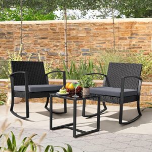 Homall 3 Pieces Patio Set Rocking Bistro Set, Patio Outdoor Furniture Porch Chairs with Cushions and Table for Poolside, Balcony, Porch and Yard (Grey)