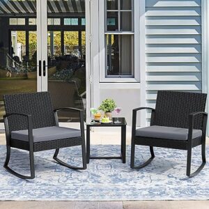 Homall 3 Pieces Patio Set Rocking Bistro Set, Patio Outdoor Furniture Porch Chairs with Cushions and Table for Poolside, Balcony, Porch and Yard (Grey)