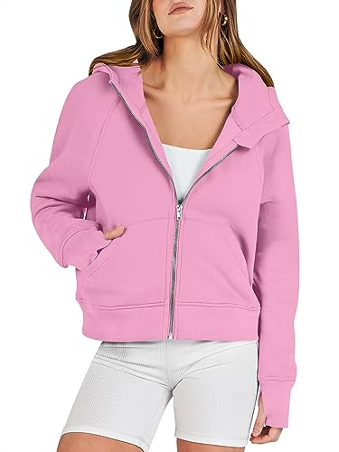 ANRABESS Women's Zip Up Cropped Hoodie Oversized Fall Sweatshirts Y2k Jacket Workout Crop Tops Rib Knitted Casual Long Sleeve Shirts Comfy Clothes A1015fense-M Pink