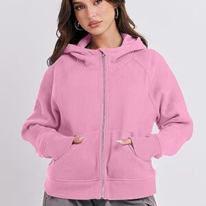 ANRABESS Women's Zip Up Cropped Hoodie Oversized Fall Sweatshirts Y2k Jacket Workout Crop Tops Rib Knitted Casual Long Sleeve Shirts Comfy Clothes A1015fense-M Pink