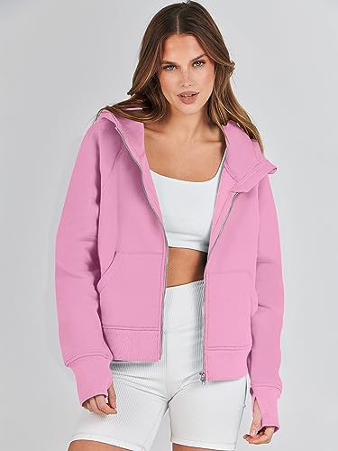 ANRABESS Women's Zip Up Cropped Hoodie Oversized Fall Sweatshirts Y2k Jacket Workout Crop Tops Rib Knitted Casual Long Sleeve Shirts Comfy Clothes A1015fense-M Pink