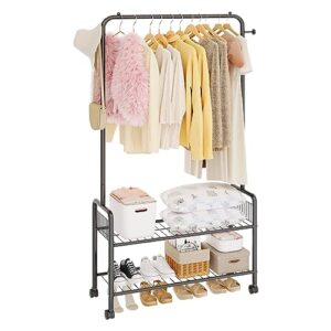 jiuyotree rolling clothes rack 35.4 inches freestanding metal clothing rack with 2-tier storage racks garment coat rack with wheels for clothes shoes hats bags black