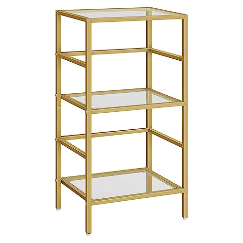 HOOBRO 3-Tier Bookcase, Tempered Glass Bookshelves, Record Storage Rack with Side Fence, Gold Bookshelf, Slim Shelving Unit for for Living Room, Bedroom, Home Office, Gold GD81CJ01