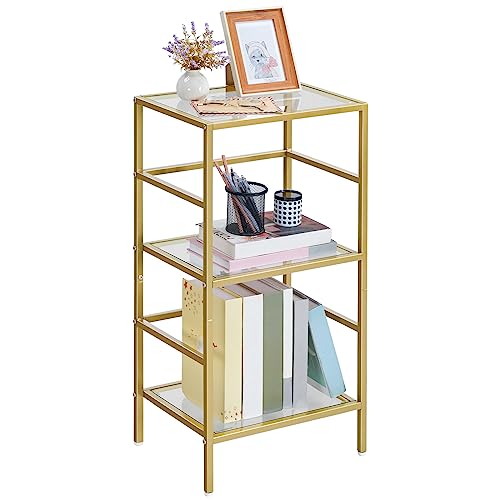 HOOBRO 3-Tier Bookcase, Tempered Glass Bookshelves, Record Storage Rack with Side Fence, Gold Bookshelf, Slim Shelving Unit for for Living Room, Bedroom, Home Office, Gold GD81CJ01