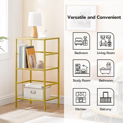 HOOBRO 3-Tier Bookcase, Tempered Glass Bookshelves, Record Storage Rack with Side Fence, Gold Bookshelf, Slim Shelving Unit for for Living Room, Bedroom, Home Office, Gold GD81CJ01