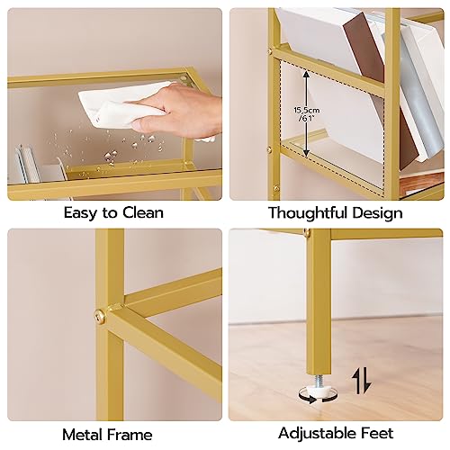 HOOBRO 3-Tier Bookcase, Tempered Glass Bookshelves, Record Storage Rack with Side Fence, Gold Bookshelf, Slim Shelving Unit for for Living Room, Bedroom, Home Office, Gold GD81CJ01