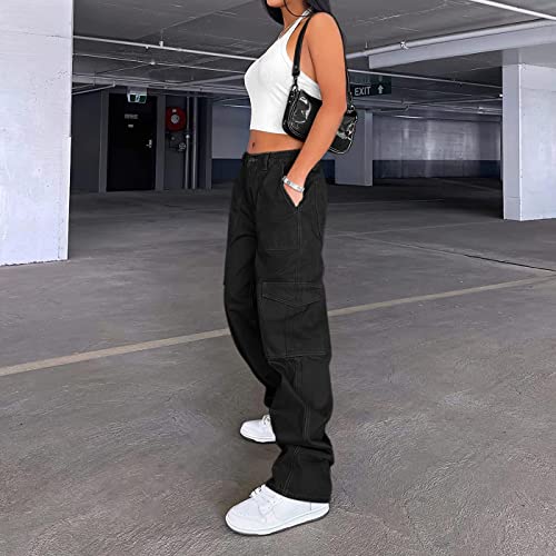 Lepunuo Cargo Pants for Women Baggy Zipper Y2K Pants Light Baggy Jogger Black