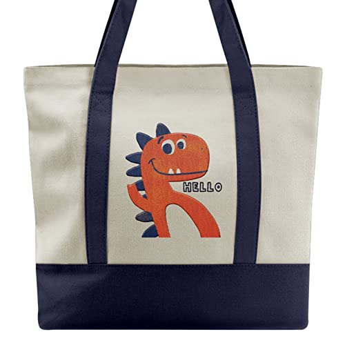 MOLYCHO Dinosaur Embroidery Shopping Groceries Cotton Bag Gift For Family Library Reusable Multipurpose