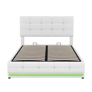 harper & bright designs full lift storage bed with led lights and usb charger, pu upholstered full platform bed with hydraulic storage system, no box spring needed (full, white)