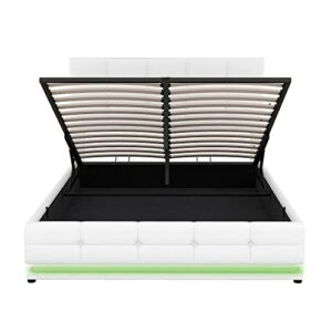 Harper & Bright Designs Full Lift Storage Bed with LED Lights and USB Charger, PU Upholstered Full Platform Bed with Hydraulic Storage System, No Box Spring Needed (Full, White)