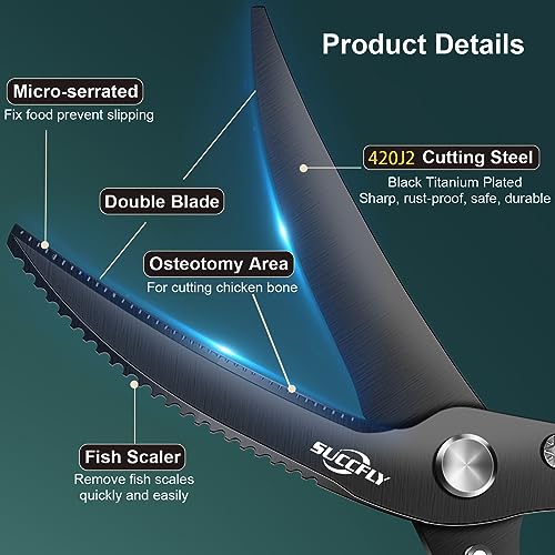 Premium Kitchen Shears Heavy Duty, Kitchen Scissors Stainless Steel, Black Titanium Plated Ultra Sharp Food Scissors, Poultry Shears for Bone, Chicken, Meat, Fish, Anti-Slip Handle & Spring Loaded