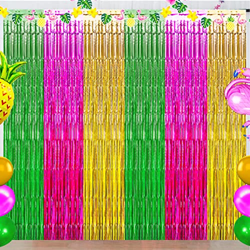 Luau Hawaiian Party Decorations, Flamingo Party Decorations, Green Rose Red and Yellow Foil Fringe Backdrop, Beach Bachelorette Streamer for Tropical Hawaiian Aloha Party Decorations(3 Pack)