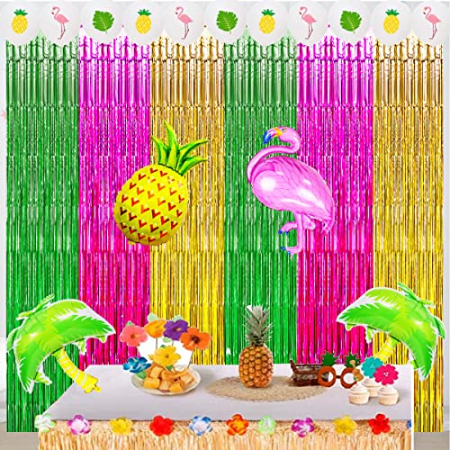 Luau Hawaiian Party Decorations, Flamingo Party Decorations, Green Rose Red and Yellow Foil Fringe Backdrop, Beach Bachelorette Streamer for Tropical Hawaiian Aloha Party Decorations(3 Pack)