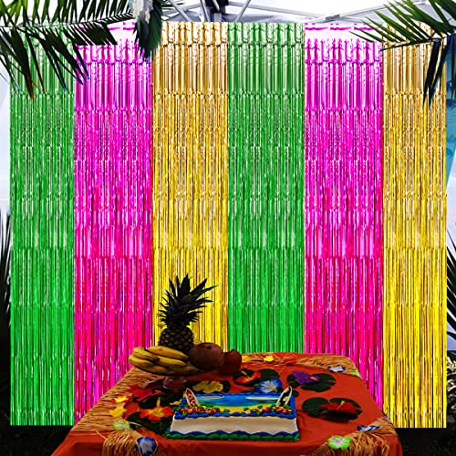 Luau Hawaiian Party Decorations, Flamingo Party Decorations, Green Rose Red and Yellow Foil Fringe Backdrop, Beach Bachelorette Streamer for Tropical Hawaiian Aloha Party Decorations(3 Pack)