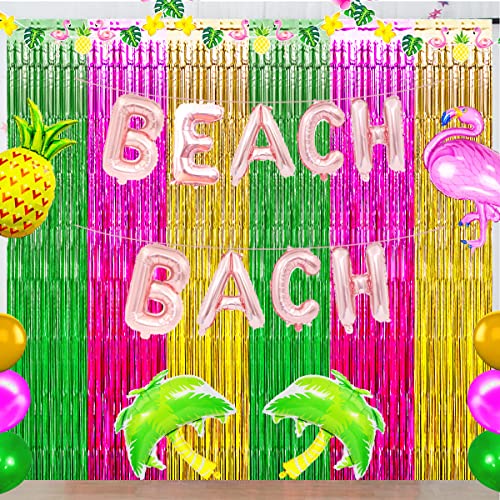 Luau Hawaiian Party Decorations, Flamingo Party Decorations, Green Rose Red and Yellow Foil Fringe Backdrop, Beach Bachelorette Streamer for Tropical Hawaiian Aloha Party Decorations(3 Pack)