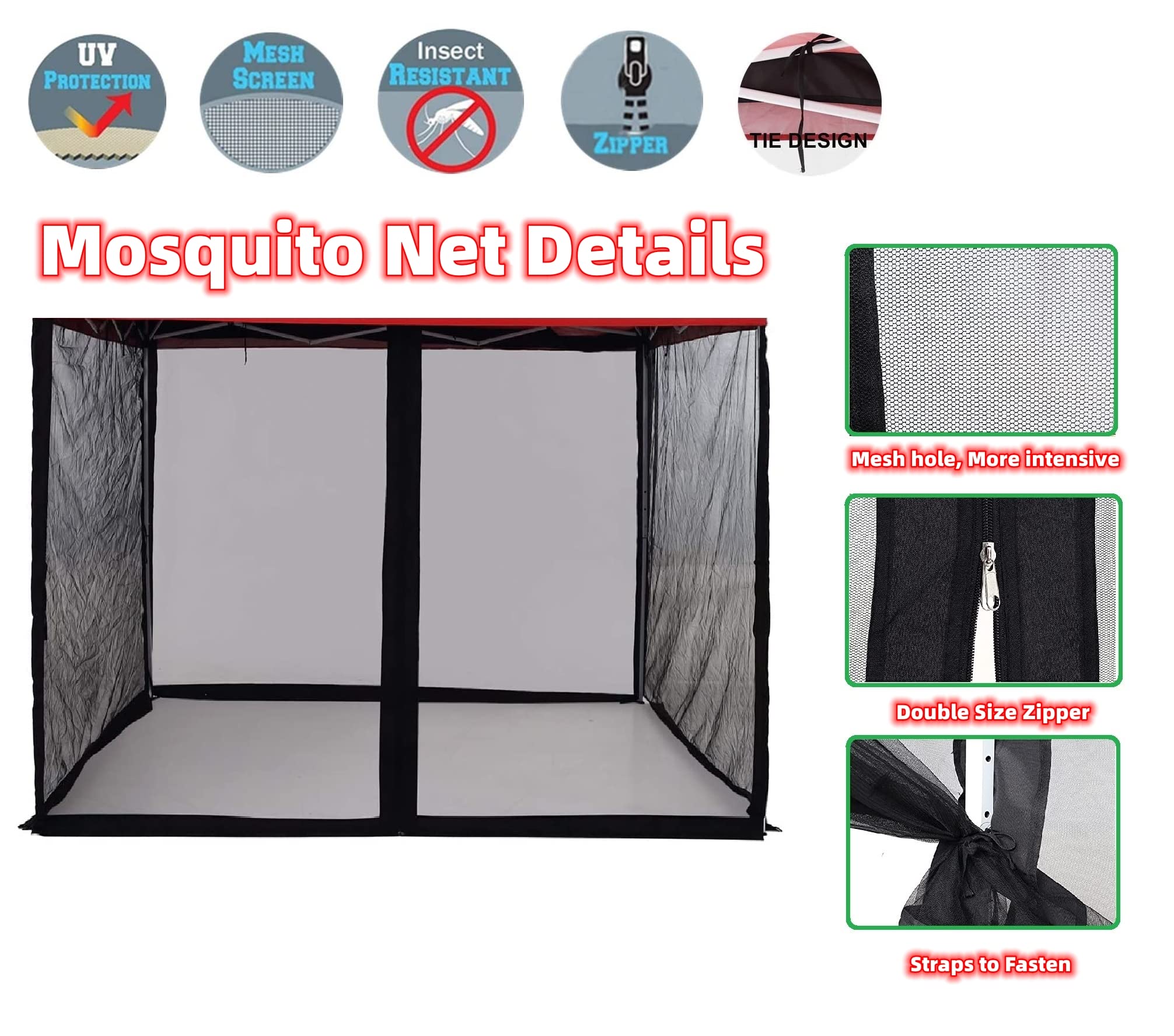 Mosquito Net for 10x10 Canopy Tent,Replacement Mosquito Netting for Gazebo Netting Screen Mosquito Screen Canopy for Camping for Patio Tent 10x10' (Mosquito Netting Only, Black 1)