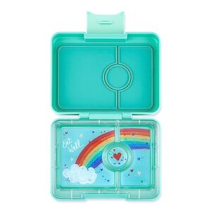 yumbox snack box - 3 compartment leakproof bento lunch box for kids (tropical aqua with rainbow tray)