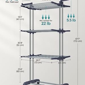 SONGMICS Clothes Drying Rack Stand 4-Tier, Foldable Laundry Drying Rack 67.7-Inch Tall, Stainless Steel, Rolling Clothes Horses Dryer Rack, Easy to Assemble, Indoor Outdoor Use, Gray ULLR701G01