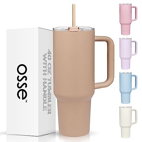 osse 40oz Tumbler with Handle and Straw Lid | Double Wall Vacuum Reusable Stainless Steel Insulated Water Bottle Travel Mug Cup | Modern Insulated Tumblers Cupholder Friendly (Mocha)