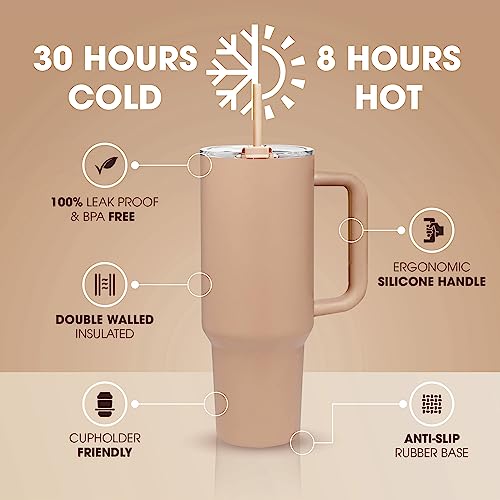 osse 40oz Tumbler with Handle and Straw Lid | Double Wall Vacuum Reusable Stainless Steel Insulated Water Bottle Travel Mug Cup | Modern Insulated Tumblers Cupholder Friendly (Mocha)