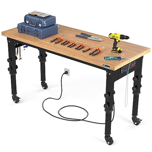 YITAHOME Work Bench 48" L X 20" W Adjustable Workbench for Garage W/Pegboard & Power Outlets Hardwood Top Heavy-Duty Workstation, 1600 LBS Load Capacity with Wheels for Workshop, Office, Home Outdoor