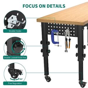 YITAHOME Work Bench 48" L X 20" W Adjustable Workbench for Garage W/Pegboard & Power Outlets Hardwood Top Heavy-Duty Workstation, 1600 LBS Load Capacity with Wheels for Workshop, Office, Home Outdoor