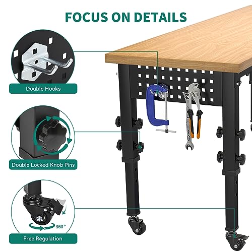 YITAHOME Work Bench 48" L X 20" W Adjustable Workbench for Garage W/Pegboard & Power Outlets Hardwood Top Heavy-Duty Workstation, 1600 LBS Load Capacity with Wheels for Workshop, Office, Home Outdoor