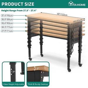 YITAHOME Work Bench 48" L X 20" W Adjustable Workbench for Garage W/Pegboard & Power Outlets Hardwood Top Heavy-Duty Workstation, 1600 LBS Load Capacity with Wheels for Workshop, Office, Home Outdoor