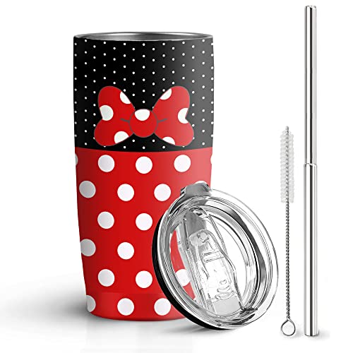 Hualvbul Polka Dot Bow Knot 20 Oz Stainless Steel Tumbler Leak Proof Tumbler with Straw and Lid, Travel Coffee Mug for Home Outdoor, Thermal Cups for Hot and Cold Drinks