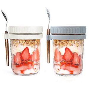 overnight oats jars with lid and spoon, 16 oz glass large overnight oats containers, airtight mason jars, cereal, milk, vegetable and fruit salad storage container with measurement marks