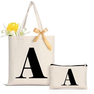 aunool initial canvas tote bag makeup bag birthday gifts for women personalized beach bags 2 inner pockets bridesmaid gifts reusable gift bags with handles monogrammed gifts for friends mom letter a