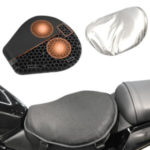 fqmy motorcycle gel seat cushion with seat pad sunshade cover, large 3d honeycomb motorcycle seat cover, breathable shock absorption reduces motorcycle gel seat pad for comfortable long rides