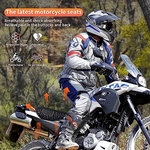 FQMY Motorcycle Gel Seat Cushion with Seat Pad Sunshade Cover, Large 3D Honeycomb Motorcycle Seat Cover, Breathable Shock Absorption Reduces Motorcycle Gel Seat Pad for Comfortable Long Rides