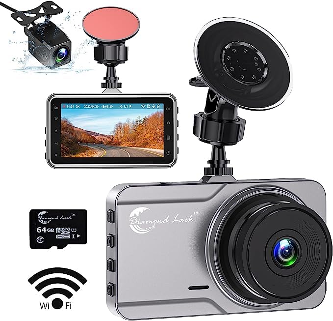 Diamond Lark Dash Camera Built-in WiFi, 2K Front and 1080P Rear Dual Dash Cam, Car Dashcam with Free 64G SD Card,3'' IPS Screen,170° Wide Angle,HD Night Vision,WDR, 24H Parking Monitor, Loop Recording