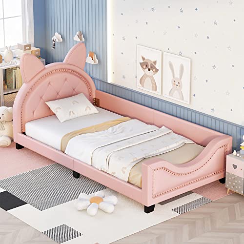 Harper & Bright Designs Twin Size Wood Platform Bed Frame with House-Shaped Headboard for Boys Girls Kids Toddler (Pink)