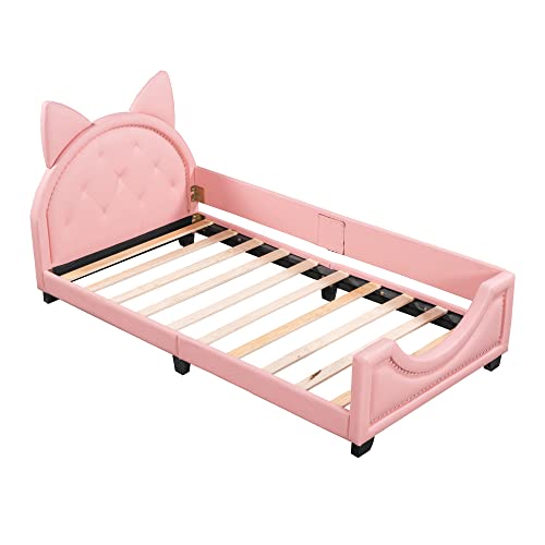 Harper & Bright Designs Twin Size Wood Platform Bed Frame with House-Shaped Headboard for Boys Girls Kids Toddler (Pink)