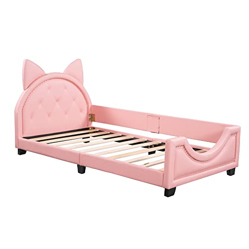 Harper & Bright Designs Twin Size Wood Platform Bed Frame with House-Shaped Headboard for Boys Girls Kids Toddler (Pink)