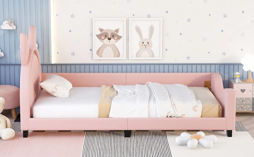 Harper & Bright Designs Twin Size Wood Platform Bed Frame with House-Shaped Headboard for Boys Girls Kids Toddler (Pink)