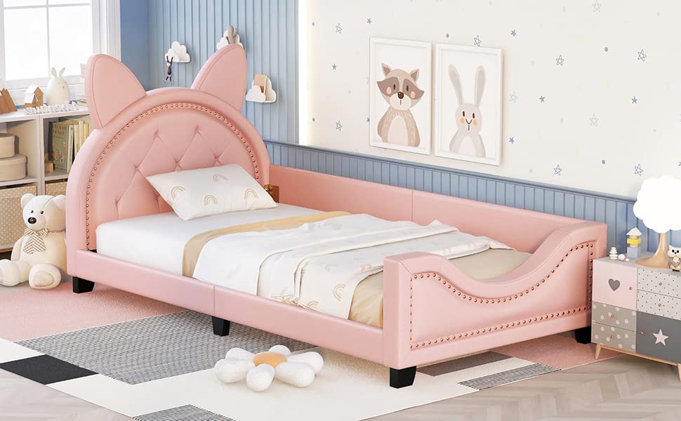 Harper & Bright Designs Twin Size Wood Platform Bed Frame with House-Shaped Headboard for Boys Girls Kids Toddler (Pink)