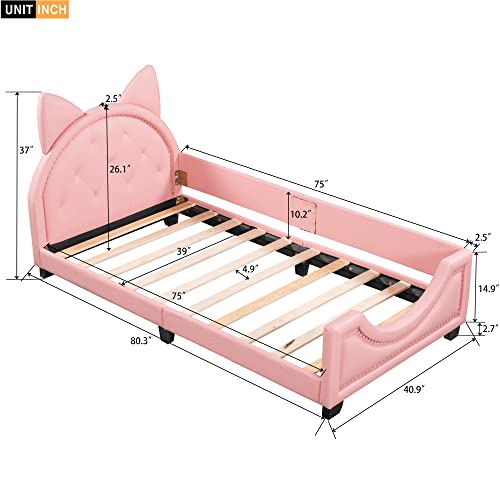 Harper & Bright Designs Twin Size Wood Platform Bed Frame with House-Shaped Headboard for Boys Girls Kids Toddler (Pink)