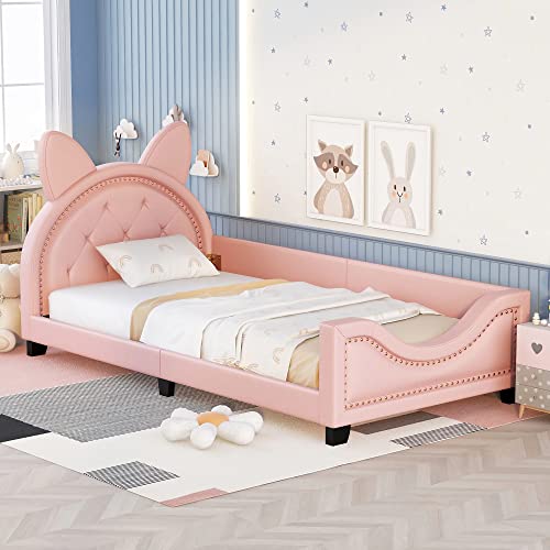 Harper & Bright Designs Twin Size Wood Platform Bed Frame with House-Shaped Headboard for Boys Girls Kids Toddler (Pink)