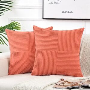 fancy homi 2 packs coral decorative throw pillow covers 18x18 inch for living room couch bed, rustic farmhouse boho home decor, soft corss corduroy patchwork textured peach cushion case 45x45 cm