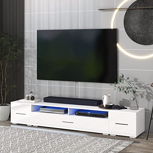 BAMACAR LED TV Stand for 90 Inch TV, LED Entertainment Center for 85 80 75 Inch TV Stand White, 70 80 85 90 Inch TV Stand with LED Lights, Modern TV Stand with Storage, Large TV Stand for Living Room