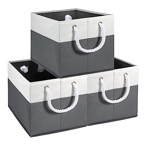 Vimudiy Storage Bin, Foldable Storage Basket [3-Pack] with Dual Rope Handles, Large Capacity Storage Boxes with Sturdy Non-Woven Fabric for Organizing Toys, Shelves & Closet, White & Grey