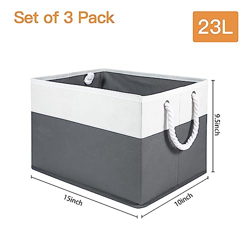 Vimudiy Storage Bin, Foldable Storage Basket [3-Pack] with Dual Rope Handles, Large Capacity Storage Boxes with Sturdy Non-Woven Fabric for Organizing Toys, Shelves & Closet, White & Grey